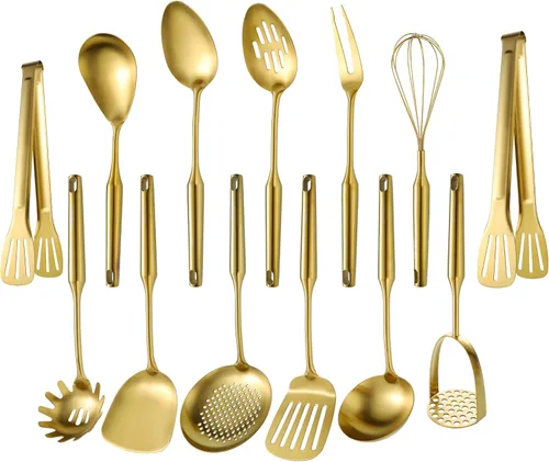 Utensilios de cocina dorados para cocinar, 13 unidades, acero inoxidable, cuchara ranurada sólida, tenedor, espátula, cucharón, espumador, afinador