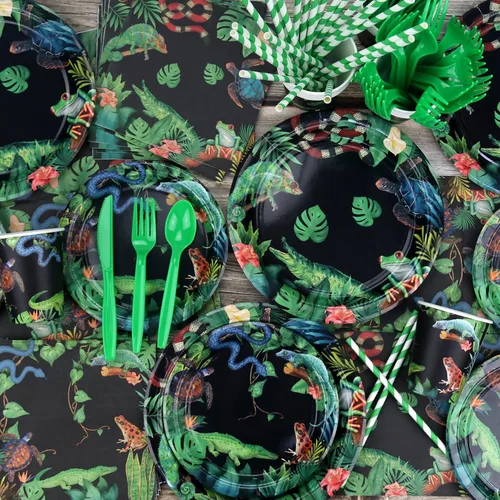 Miniatura 5 de KEFAN Decoraciones de fiesta de reptiles, lagartos de vida silvestre, serpientes, cocodrilos, suministros de vajilla para fiesta, incluyendo Fondo