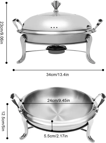 Miniatura 7 de Plato redondo para rozar, de acero inoxidable, para bufé, 2.5 L, calentadores de bufé con soporte de combustible (9.4 in dorado)