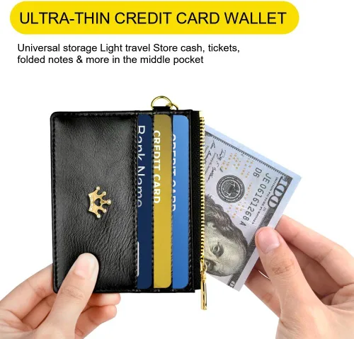Miniatura 5 de URAQT Cartera para tarjetas de crédito, cartera minimalista de cuero delgado con cremallera, mini protector de tarjeta de crédito, llavero bolsillo