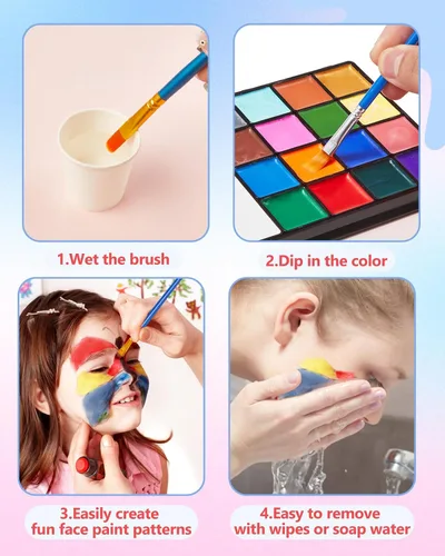 Miniatura 5 de Lictin Pintura Facial a Base de Agua - Kit de Pintura Facial de 18 Colores con Plantillas y Brochas, Kit de Maquillaje de Halloween para Adultos