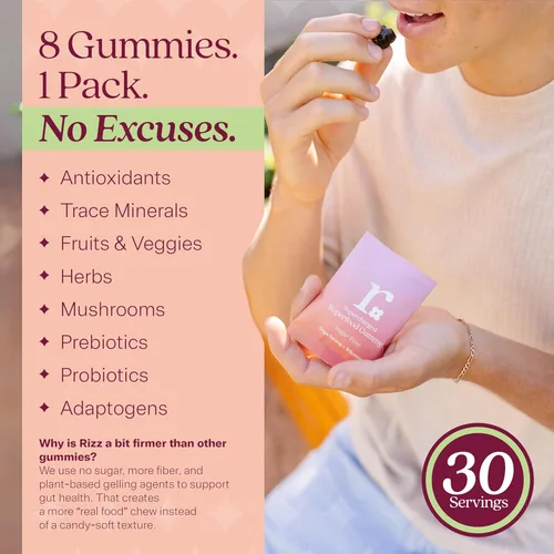 Miniatura 5 de Rizz Gomitas verdes sin azúcar, más de 60 superalimentos, 6g de fibra, gomitas prebióticas y probióticas, multivitaminas veganas para mujeres