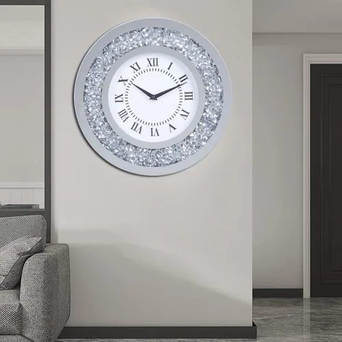 Miniatura 7 de Reloj de pared grande con espejo plateado brillante brillante brillante con diamantes para decoración de pared, espejo de cristal plateado