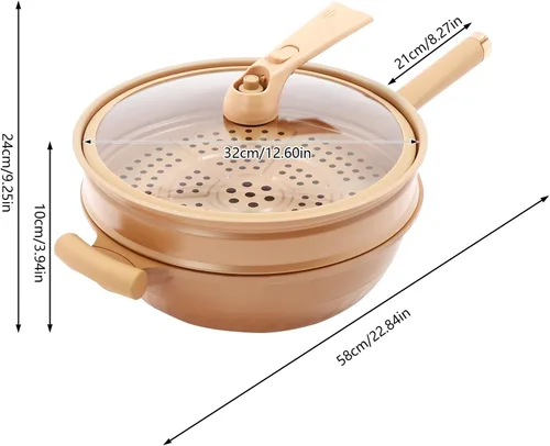 Miniatura 4 de Sartén antiadherente de 12.6 pulgadas de profundidad con tapa de vidrio, rejilla al vapor, olla de micro presión apta para lavavajillas, funciona