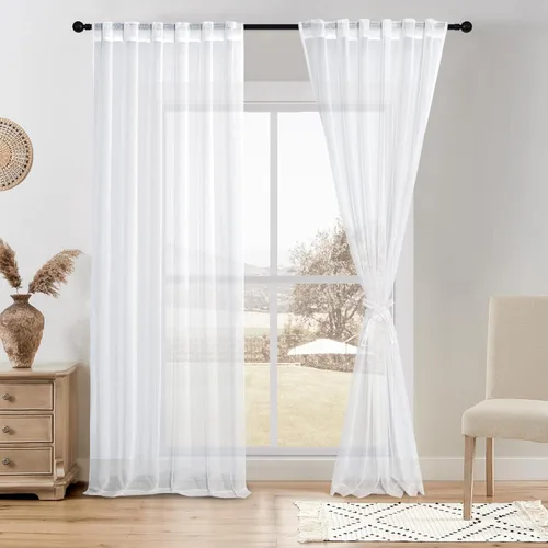 Miniatura 29 de DWCN Cortinas traslúcidas de lino floral, bolsillo para barra y pestaña trasera, cortina de mezcla de lino para dormitorio, sala de estar, cortinas