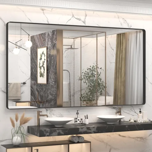 Miniatura 31 de Paquete de 2 espejos de baño con marco de metal negro de 22 x 30 pulgadas, espejo rectangular redondeado negro mate, antioxidante, se cuelga