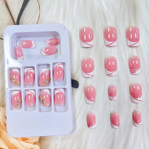 Miniatura 7 de LPOODDNU Uñas postizas cortas de punta francesa a presión, uñas postizas cuadradas, uñas acrílicas rosas con diamantes de imitación, puntas de uñas