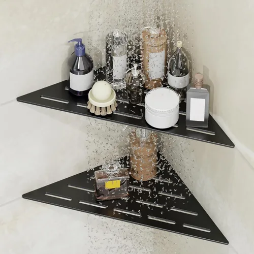 Miniatura 7 de Estante de ducha esquinero, almacenamiento incorporado en baño para paredes de azulejos de 90°, acero inoxidable 304 negro mate, juego de 2