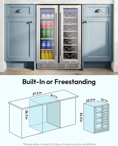 Miniatura 3 de EUHOMY Refrigerador de vino y bebidas, enfriador de vino de doble zona de 24 pulgadas con puerta de vidrio que contiene 21 botellas y 88 latas