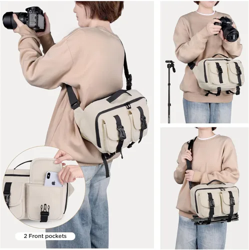 Miniatura 6 de Bolso bandolera para cámara TAAOKA, bolsa para cámara DSLR con soporte para trípode, bolsa de hombro impermeable para fotógrafos (Beige)