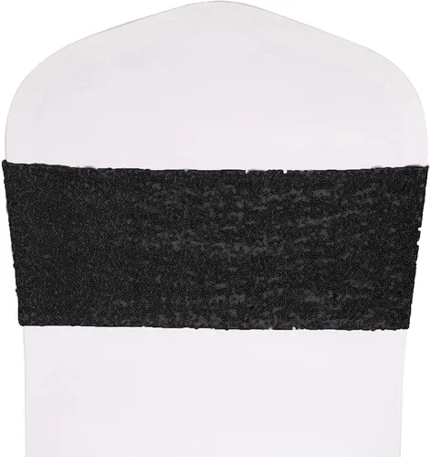 Paquete de 10 bandas elásticas de lentejuelas para silla, para decoración de hotel, boda, recepción, eventos, fiesta, silla (negro)
