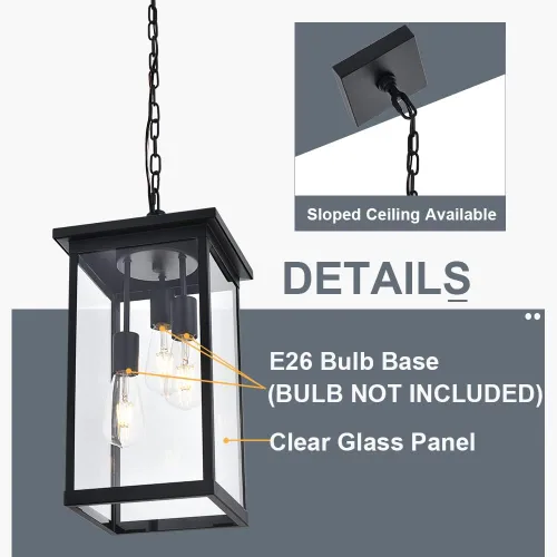Miniatura 7 de TODOLUZ Lámpara Colgante de Exterior de 3 Luces Negra, Linterna Colgante Exterior Ajustable Luz de Porche