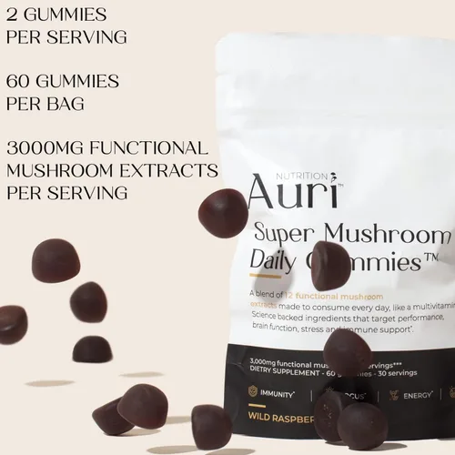 Miniatura 5 de Auri Nutrition Super Mushroom Daily Gummies – Gomitas funcionales todo en uno con 12 mezclas de hongos, incluyendo melena de león, reishi, chaga