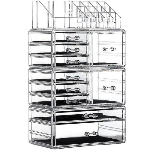 Cq Acrylic Paquete de 4 organizadores de maquillaje transparentes, apilables con 10 cajones para tocador, joyas, pinzas para el cabello, productos