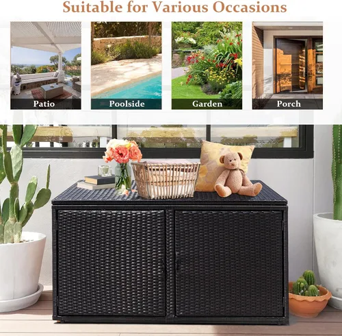 Miniatura 7 de HAPPYGRILL Caja de almacenamiento de mimbre para exteriores, caja de almacenamiento de mimbre para patio, 88 galones, caja de almacenamiento