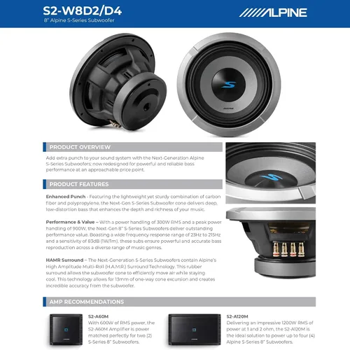 Miniatura 6 de Alpine S2-W8D2 - Subwoofer dual para automóvil de 2 ohmios de 8 pulgadas, 900 W máximo, 300 W RMS