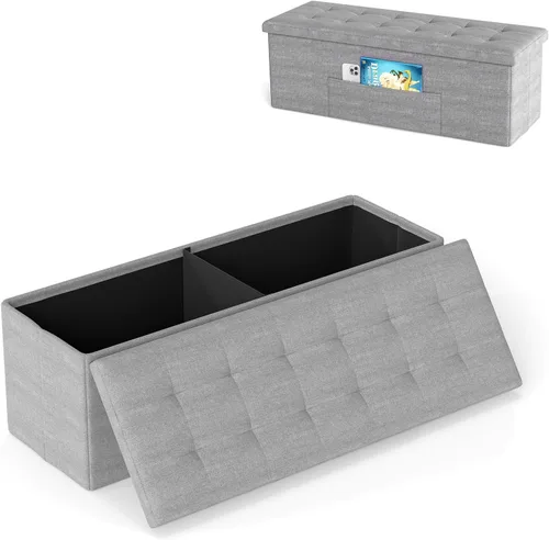Miniatura 11 de Giantex Banco otomano de almacenamiento, 43 pulgadas de largo, plegable, con bolsillo lateral, divisor, banco de zapatos acolchado para sala de Gris