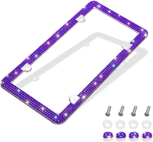 Miniatura 2 de Marco de matrícula Bling de Otostar, hecho a mano con 4 filas de diamantes de imitación brillantes, marco de matrícula de acero inoxidable con 4