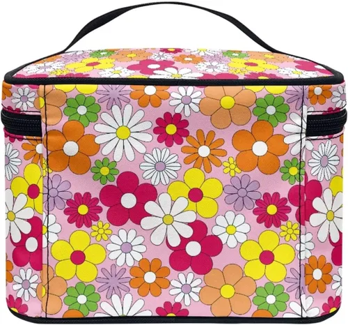 Miniatura 4 de 60S Groovy Hippie Flower Pink Pattern Travel Makeup Bags for Women Portable Tote Cosmetic Case with Carry Handle Toiletry Accessories Storage