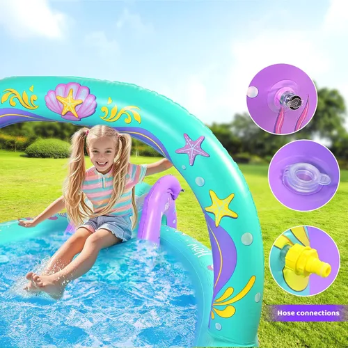 Miniatura 3 de SULIFEEL Centro de Juego Inflable de Sirena Piscina para Niños con Tobogán y Aspersor para Niños, 96''x59''x39'' Piscina para Bebés para Patio