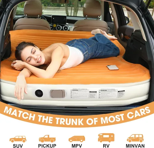 Miniatura 9 de KMZ Colchón de aire SUV con bomba incorporada y 2 almohadas, PVC flocado grueso, cama de aire de inflado rápido de 90 segundos, cama de aire Naranja