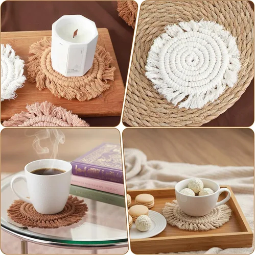 Miniatura 3 de 4 posavasos de macramé bohemios, hechos a mano con bordes de borlas, para café, hogar, cocina, oficina, decoración de mesa