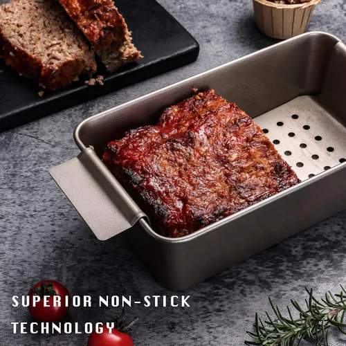 Miniatura 7 de HONGBAKE Sartén para pastel de carne con bandeja de drenaje, moldes para pan de 9 x 5 con inserto, pan de carne antiadherente para hornear, reduce