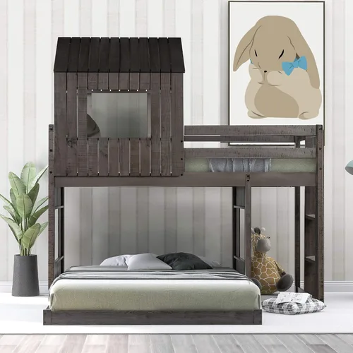 Miniatura 3 de Literas individuales para niños pequeños, literas de madera con ventana de techo, escalera de barandilla, para niñas y niños, no requiere caja