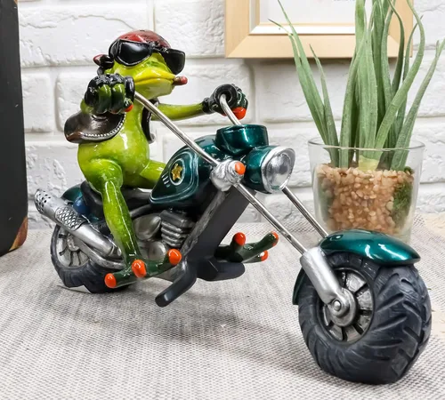 Miniatura 7 de Ebros 8.5 pulgadas de largo nacido para montar rana motero con pañuelo rojo fumar cigarro montado en picador metálico estatua de motocicleta