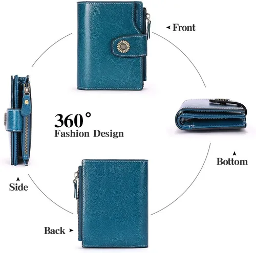 Miniatura 4 de FALAN MULE - Cartera pequeña plegable para mujer de cuero genuino, compacta, con bloqueo RFID, Azul Patchwork), 5206