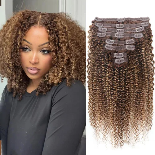 Miniatura 15 de Extensiones de cabello humano rizado con clip, 3C 4A, rizado con clip, cabeza completa, para mujeres negras, cabello humano brasileño Remy