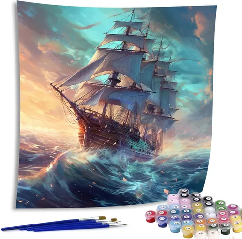 Diymood Pintura por números para adultos, barco, pintura al óleo náutica acrílica por números, kits para niños y adultos principiantes para