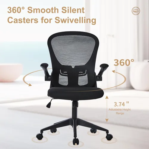 Miniatura 9 de HOOOWOOO Silla de oficina en casa de malla con reposabrazos abatible, silla de escritorio ergonómica moderna con soporte lumbar, respaldo