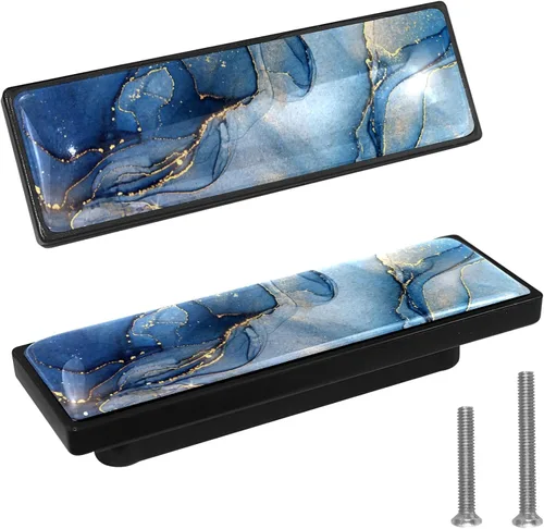 Miniatura 14 de LORVIES Paquete de 4 pomos decorativos de mármol de 3.6 pulgadas para gabinete, vidrio ABS largo rectangular negro, manijas de puerta de cajón