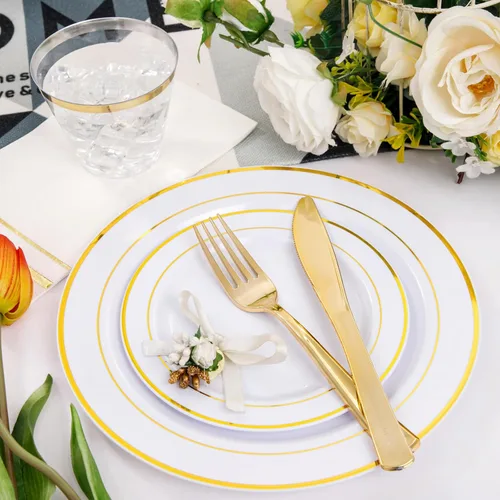 Miniatura 3 de NOCCUR 700 platos de plástico dorados, juego de vajilla desechable dorada para 100 personas, incluye 200 platos de cena/postre, 300 cubiertos, 100