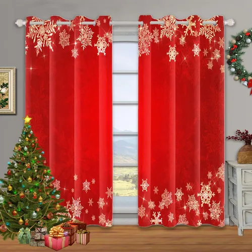 Miniatura 15 de Renaiss Cortinas opacas de Navidad con tablones de madera rústica para dormitorio, con ojales, estampado de copos de nieve navideños, cortinas