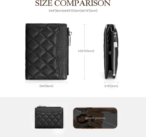 Miniatura 6 de befen Cartera delgada de cuero auténtico con RFID, billetera de dos pliegues para mujer con bolsillo con cremallera y llavero, Negro, Talla única