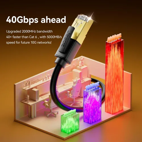 Miniatura 9 de Cable Ethernet Cat 8 de 3 pies, cable de red trenzado de nailon de alta velocidad de 40 Gbps 2000 MHz, cable LAN RJ45 sólido blindado resistente