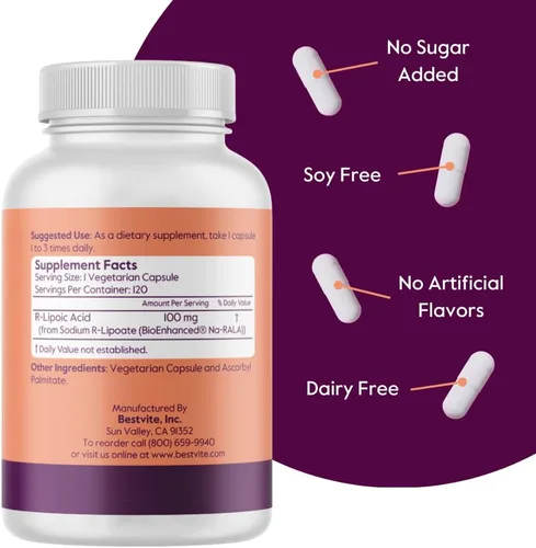 Miniatura 3 de BESTVITE Ácido R-lipoico 100 mg estabilizado con Na-RLA Bio-Enhanced® (120 cápsulas vegetarianas) sin estearatos - Sin agentes de flujo - Vegano