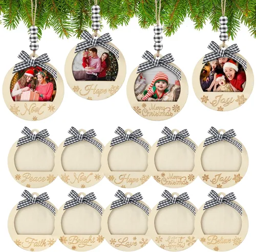 COCHIE Marco de Fotos Ornamento de Navidad para Decoraciones de Árbol de Navidad y Calcetines, 10 Piezas a Granel de Madera Ornamentos Colgantes de