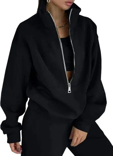 Miniatura 12 de PEHMEA Conjunto deportivo de 2 piezas de otoño para mujer, con forro polar, holgado, manga larga, media cremallera, cómodo conjunto de descanso