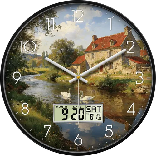Miniatura 13 de Reloj de pared analógico silencioso con fecha y temperatura, reloj de pared digital de 12 pulgadas sin tictac, funciona con pilas, reloj de pared