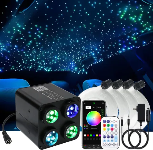 AKEPO - Kit de luces de fibra óptica de 36 W para techo estrellado, 4 colores parpadeantes, 4 cabezales RGBW, motor de luz activado por sonido, 1500
