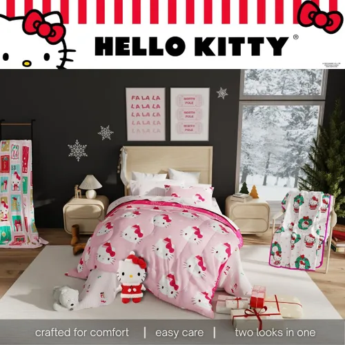 Miniatura 4 de Franco Hello Kitty Sanrio Juego de edredón y sábanas para Navidad y festividades suaves con funda, 5 piezas, tamaño individual (producto oficial)