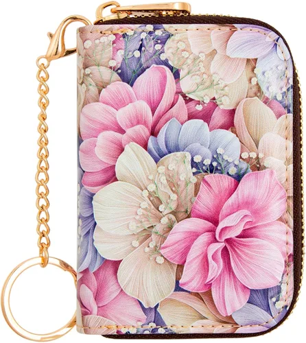 Soporte para tarjetas de crédito, cartera con bloqueo RFID para mujer, pequeña cartera delgada de cuero con llavero con cremallera, funda para