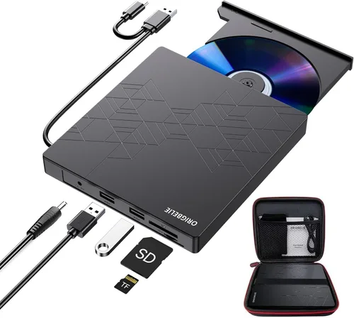 ORIGBELIE Unidad externa de CD y DVD, grabadora de CD USB 3.0 con 2 puertos USB y 2 ranuras para tarjetas TF/SD, unidad de disco óptico para