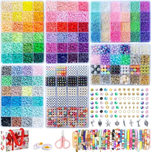 SJZWSD Kit de 6 cajas para hacer pulseras de la amistad, colección de 16,000 cuentas de arcilla, semillas y vidrio, cuentas de letras, dijes