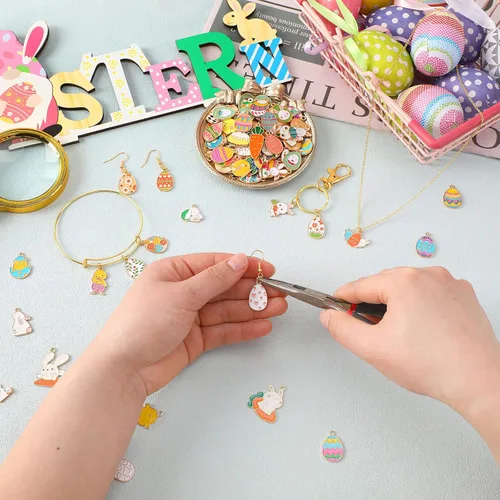 Miniatura 4 de SANNIX 110 dijes de Pascua, dijes de Pascua para hacer joyas, surtido de huevo, pollo, conejo, conejo a granel, esmalte dorado, colgantes