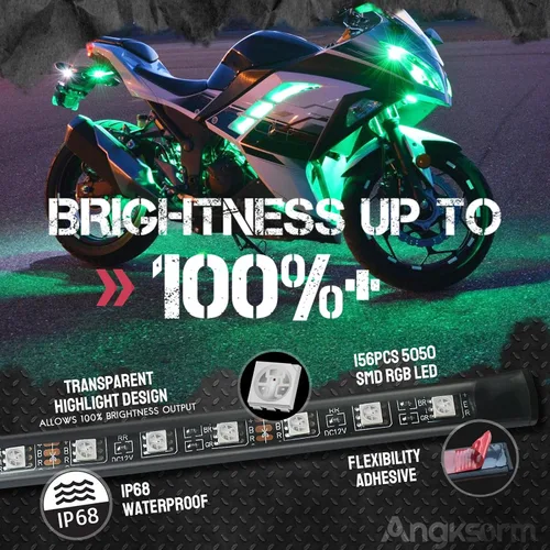 Miniatura 5 de Kit de 8 tiras de luces LED underglow para motocicleta, impermeables, luces de neón RGB de acento, efecto suelo, tiras de luz atmosférica DC 12V