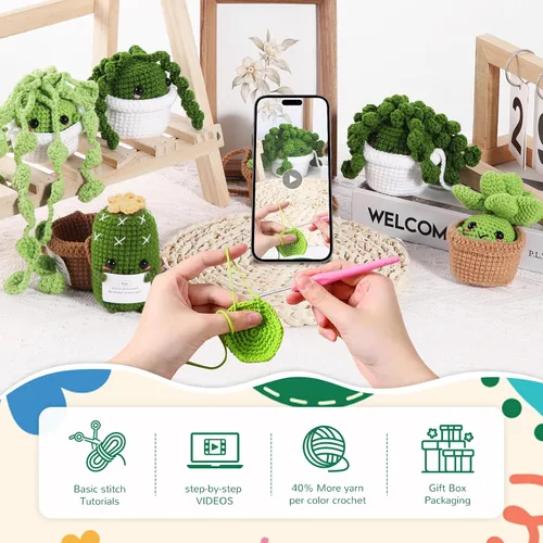 Miniatura 4 de Imcrasy - Kit de ganchillo para principiantes con lecciones de video paso a paso 6 plantas en macetas y kit de ganchillo de la familia de plantas